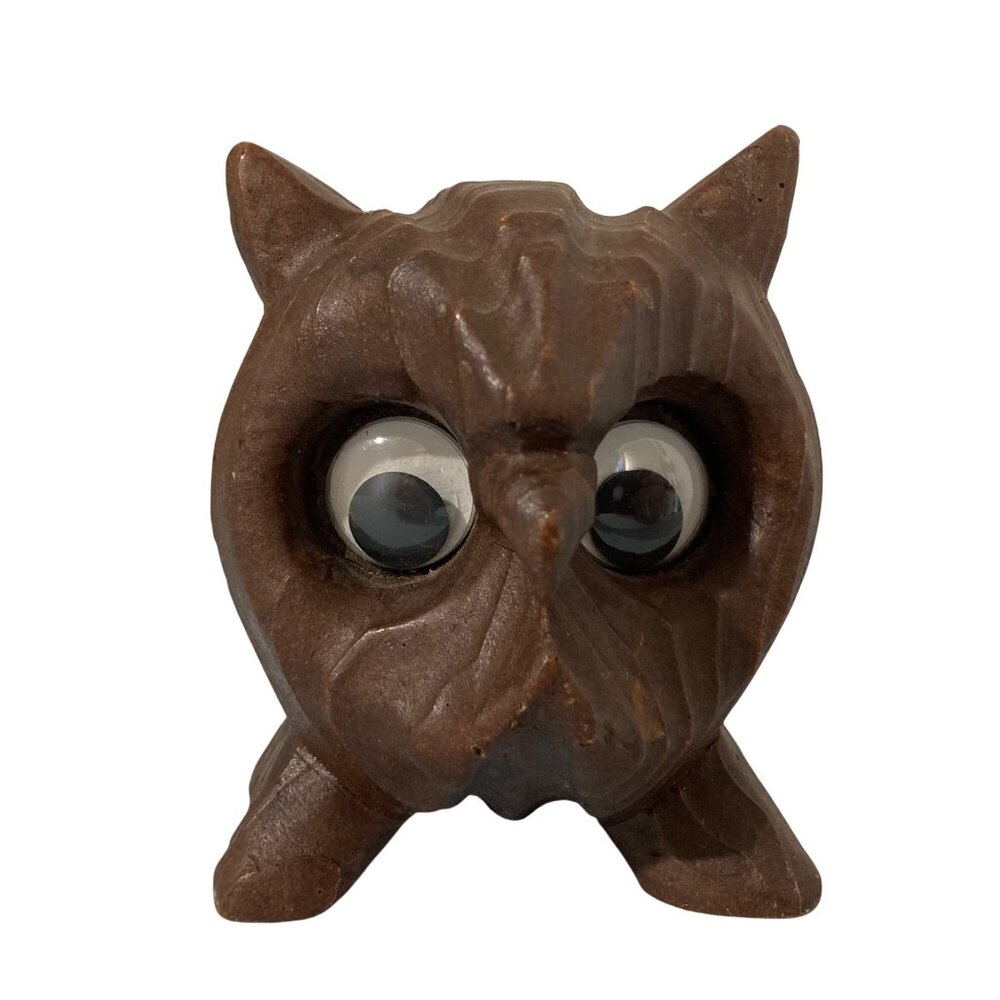 Vintage Midcentury Wood Look Googly Eyes Owl Figurine